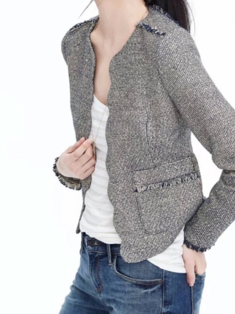 Banana Republic Navy Cream Tweed Scalloped Fringe Jacket Chanel Style Sz 4